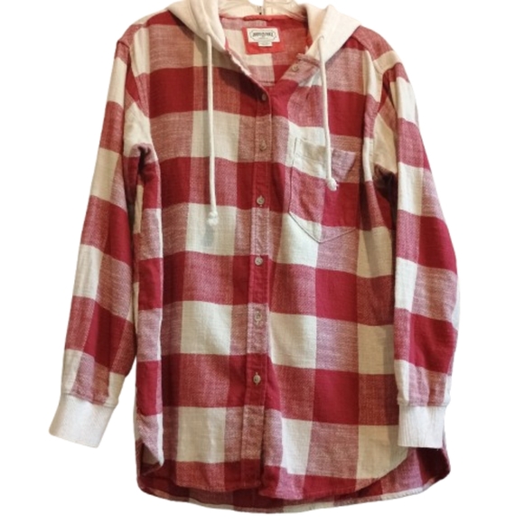 American Eagle‎ Red Plaid Hooded Flannel Shacket  Women’s Medium Cotton - Picture 2 of 10
